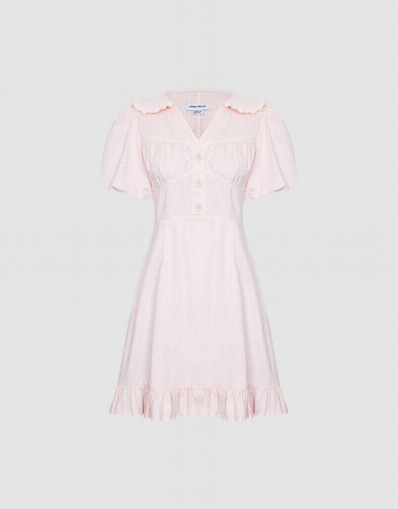 Pink Urban Revivo Half Button Ruffle Hem Women\'s Denim Dress | HFQOZL-384