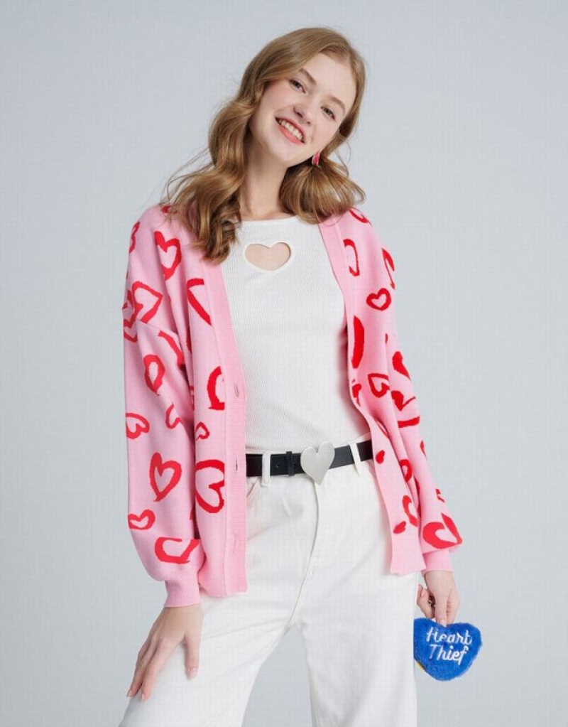 Pink Urban Revivo Heart Pattern Jacquard Button Up Oversized Women's Cardigan | KMLOYP-159