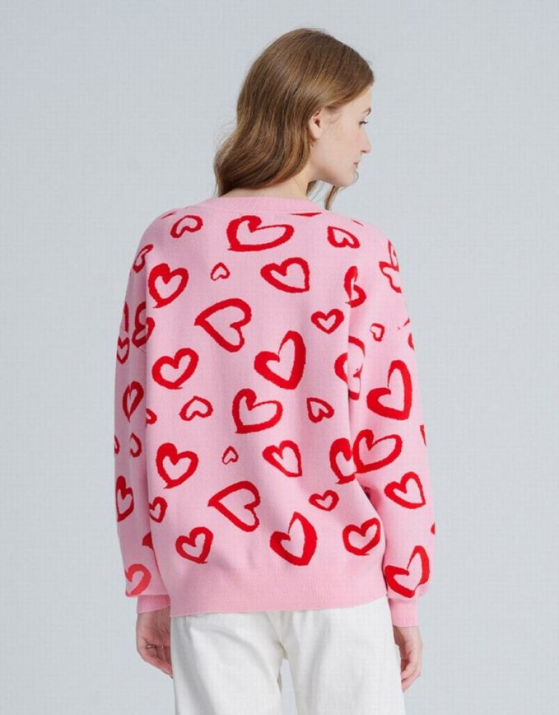 Pink Urban Revivo Heart Pattern Jacquard Button Up Oversized Women's Cardigan | KMLOYP-159