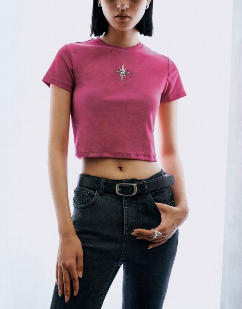 Pink Urban Revivo Hexagram Printed Crew Neck Skinny Women's T-Shirts | ECOWFN-153