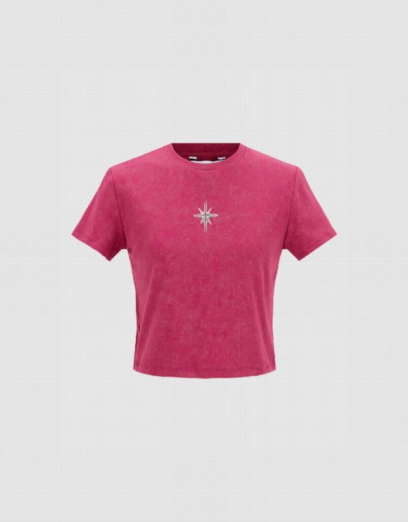 Pink Urban Revivo Hexagram Printed Crew Neck Skinny Women\'s T-Shirts | ECOWFN-153