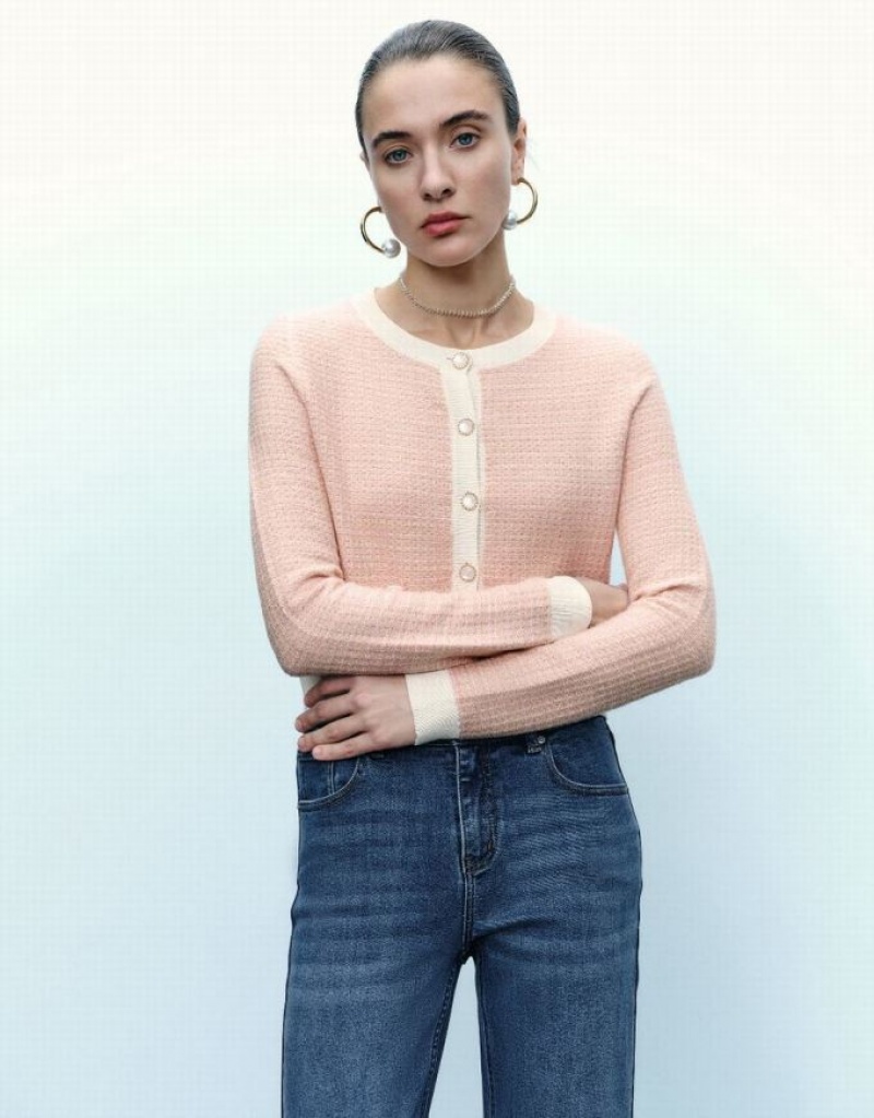 Pink Urban Revivo Knitted With Faux Pearl Buttons Women's Cardigan | YXLMCV-641