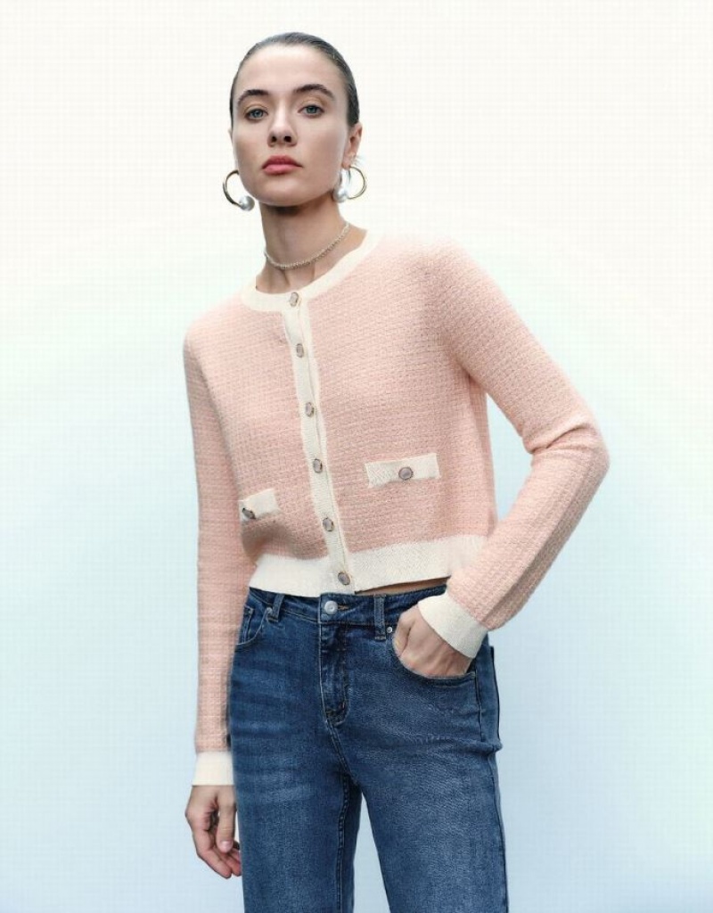 Pink Urban Revivo Knitted With Faux Pearl Buttons Women\'s Cardigan | YXLMCV-641