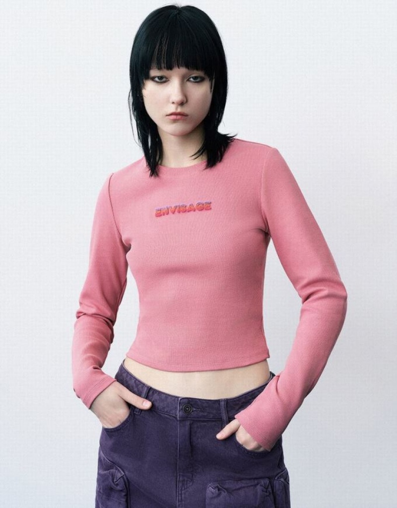 Pink Urban Revivo Letter Embossed Crew Neck Knitted Women\'s T-Shirts | MDBJKH-592