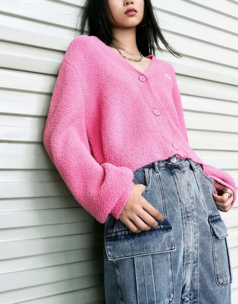 Pink Urban Revivo Letter Embroidered V-Neck Knitted Women's Cardigan | XROQJE-840
