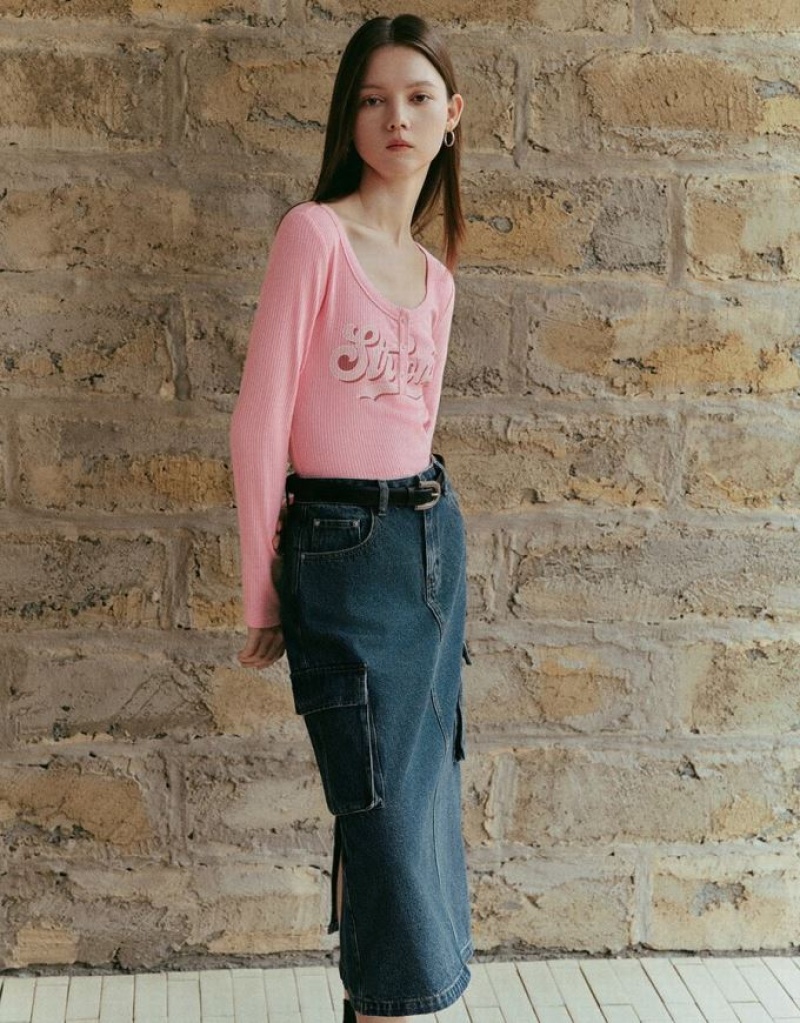 Pink Urban Revivo Letter Printed Crew Neck Skinny Women's T-Shirts | EXFRGT-657