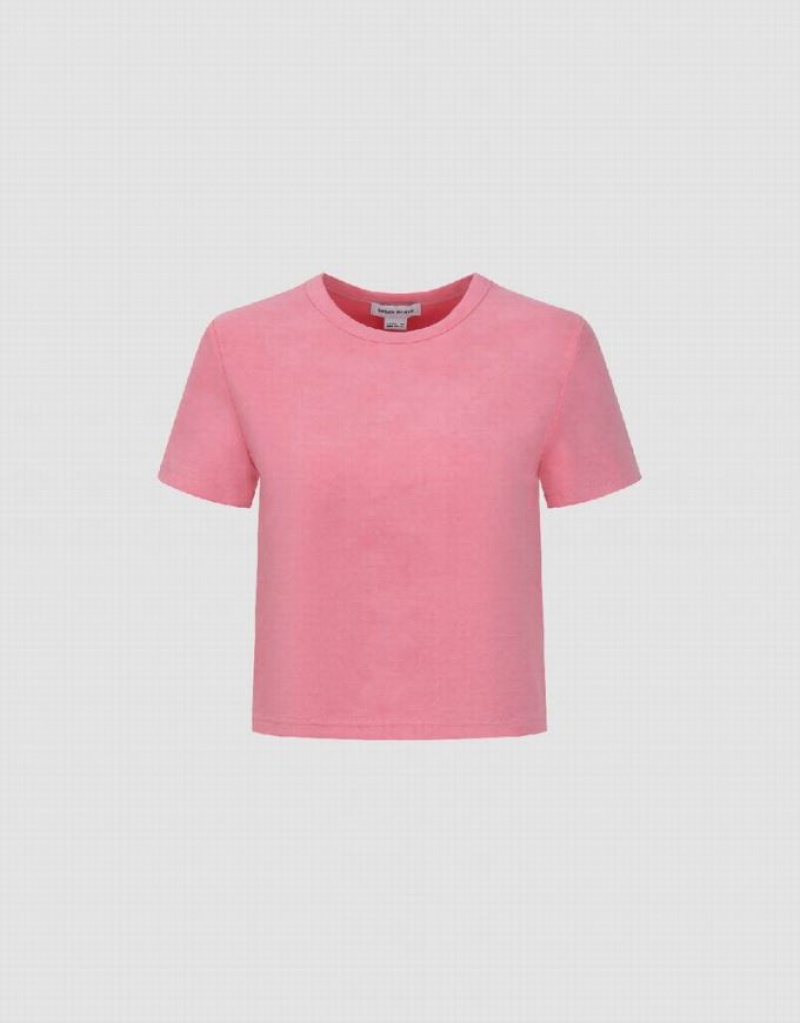 Pink Urban Revivo Printed Crew Neck Skinny Women's T-Shirts | ZOYUEI-431