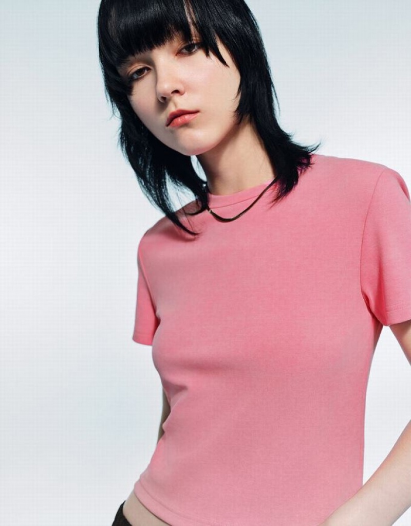Pink Urban Revivo Printed Crew Neck Skinny Women's T-Shirts | ZOYUEI-431