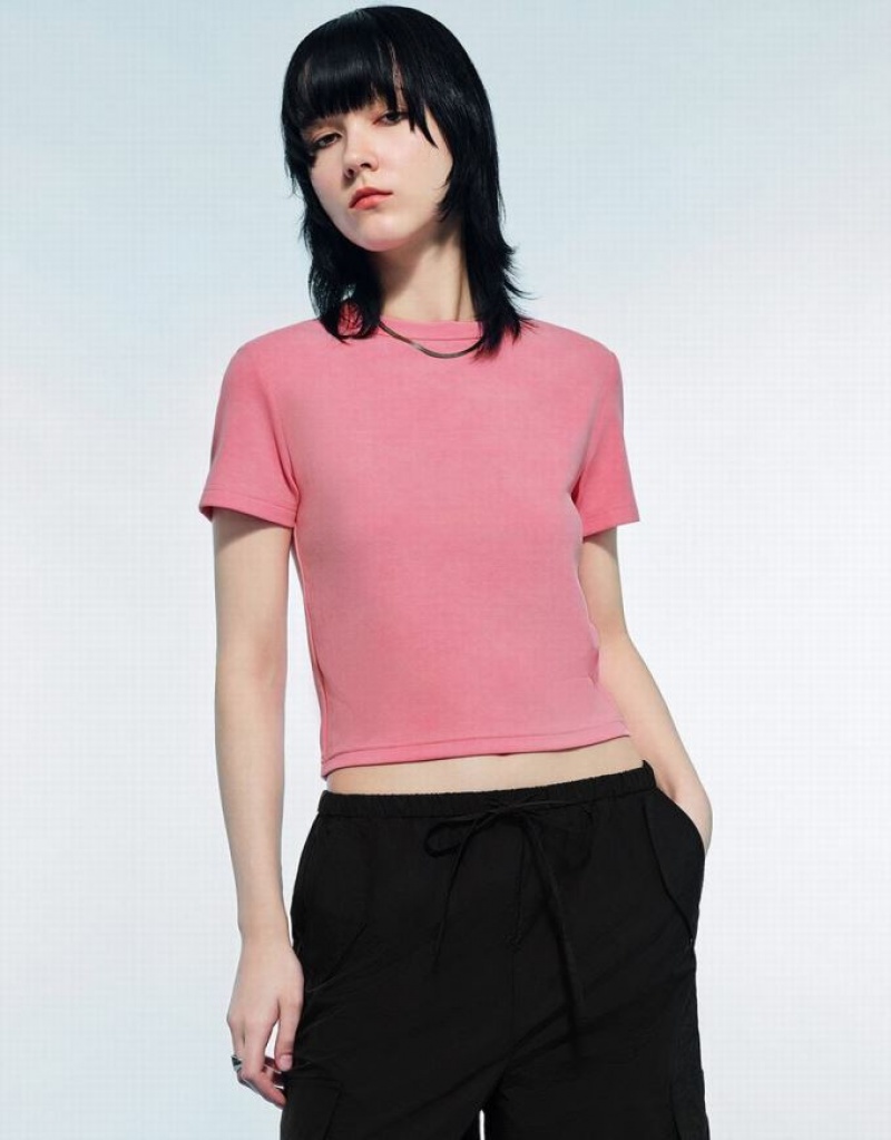 Pink Urban Revivo Printed Crew Neck Skinny Women\'s T-Shirts | ZOYUEI-431