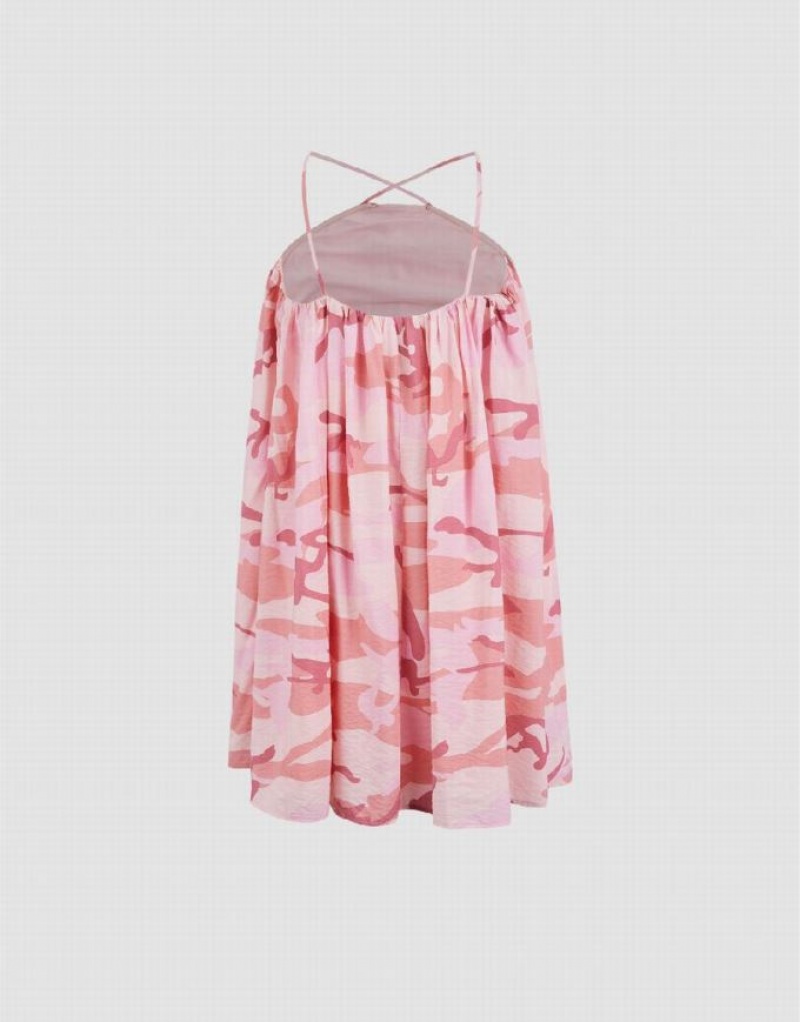 Pink Urban Revivo Printed Sleeveless V-Neck A-Line Women's Dress | SDUPFN-406
