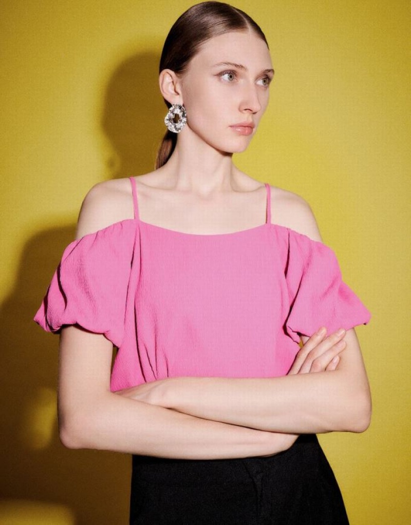 Pink Urban Revivo Puff Sleeve Square-Cut Collar Overhead Women's Blouse | PQESCZ-504