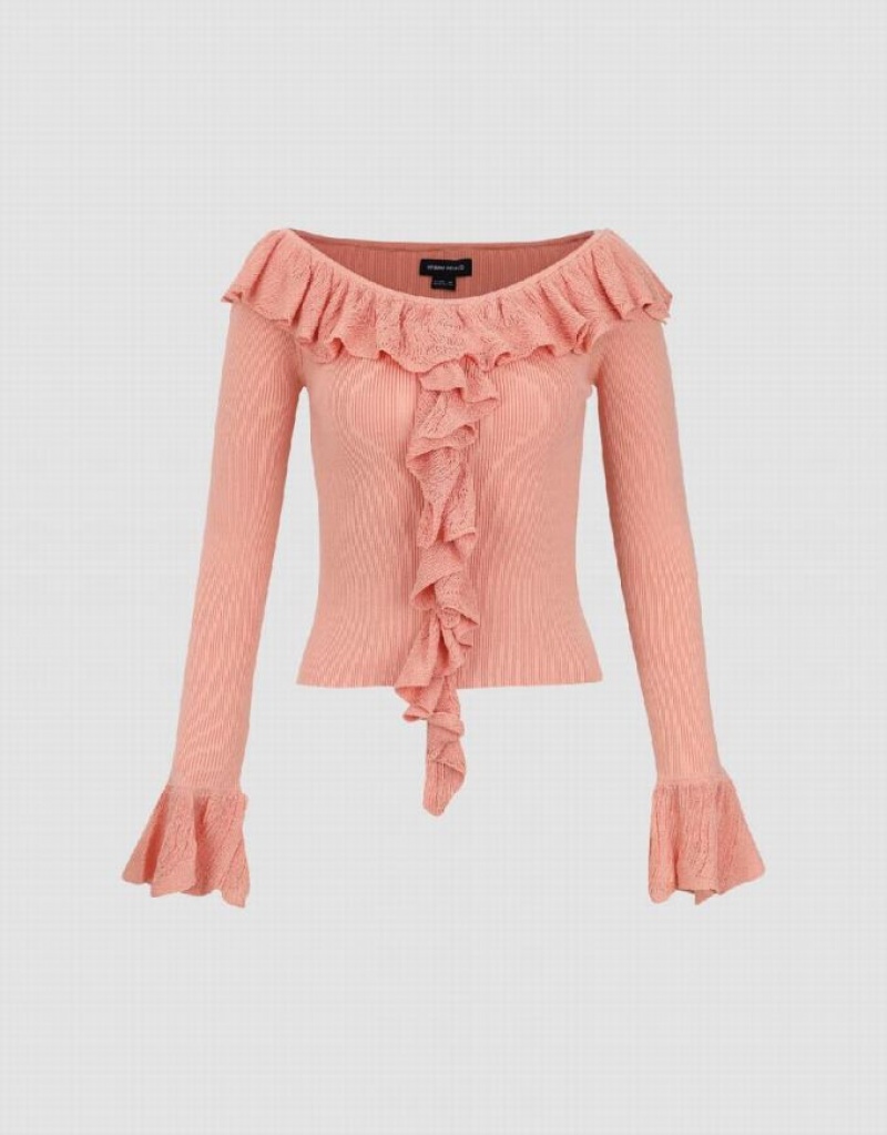 Pink Urban Revivo Raglan Sleeve Ruffle Knitted Women's Cardigan | PTZCNR-946