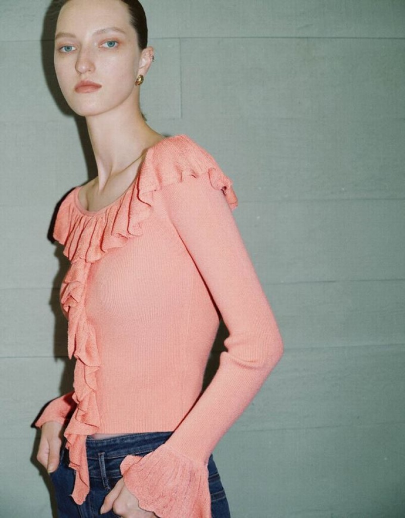 Pink Urban Revivo Raglan Sleeve Ruffle Knitted Women's Cardigan | PTZCNR-946