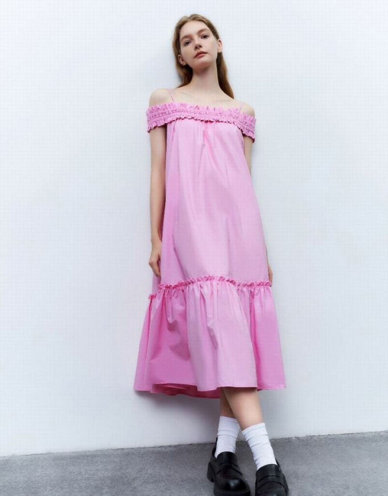 Pink Urban Revivo Sleeveless Off-Shoulder A-Line Women\'s Dress | ITCDVL-654