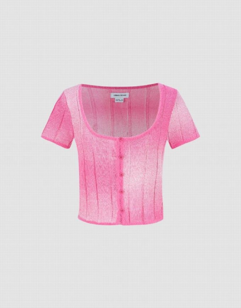 Pink Urban Revivo Striped Crew Neck Knitted Women's Cardigan | SRHEMN-064