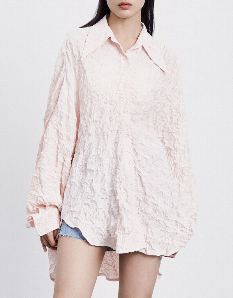 Pink Urban Revivo Textured Long Sleeve Women's Shirts | PEBUGA-849
