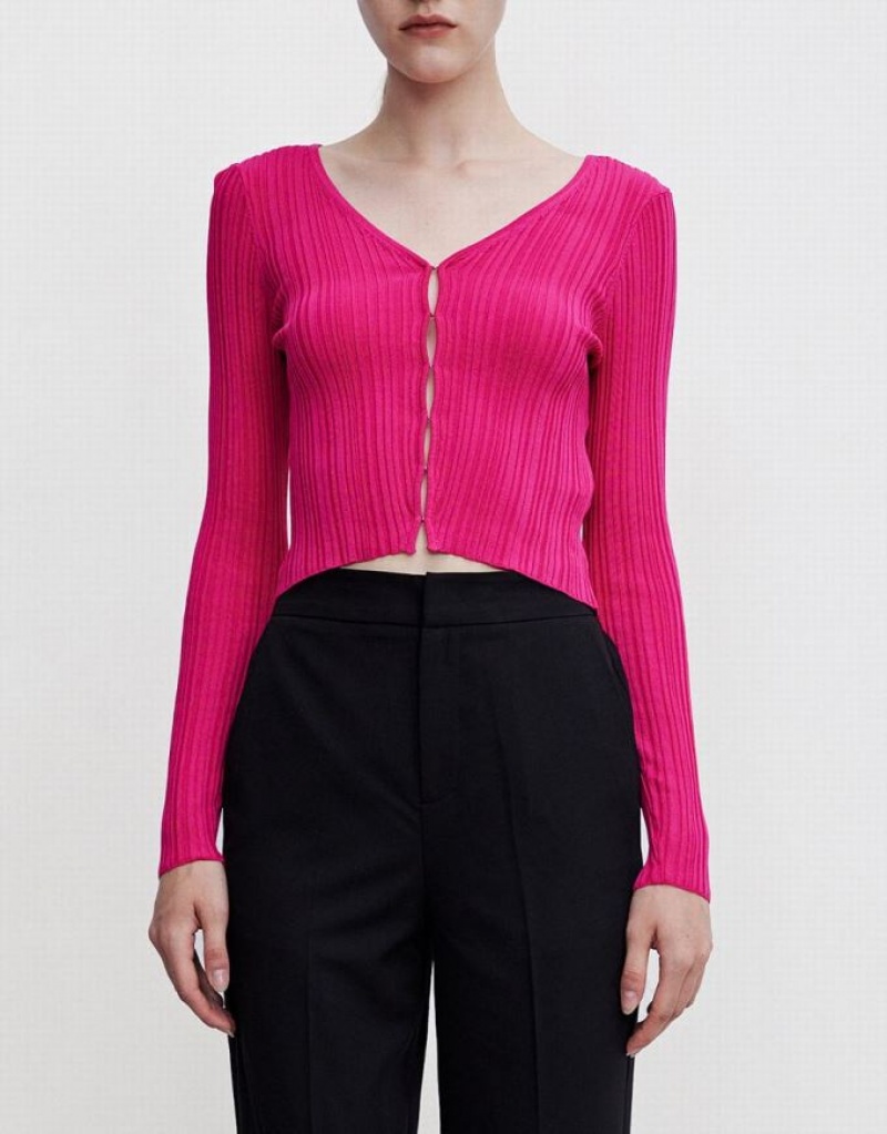 Pink Urban Revivo Textured Rib Knit Women's Cardigan | LXYZKJ-846