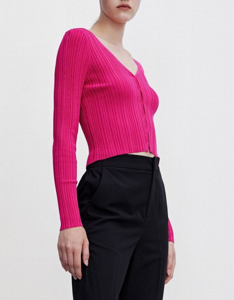 Pink Urban Revivo Textured Rib Knit Women's Cardigan | LXYZKJ-846