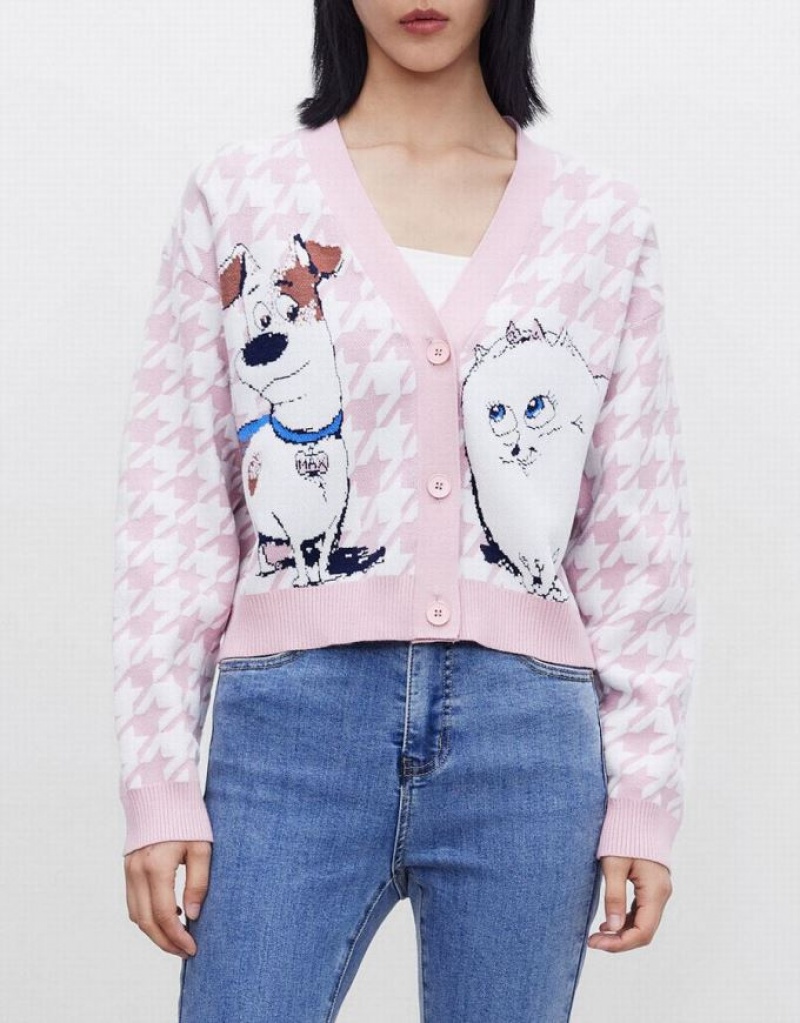 Pink Urban Revivo The Secret Life Of Pets Houndstooth Women's Cardigan | IONPFZ-569