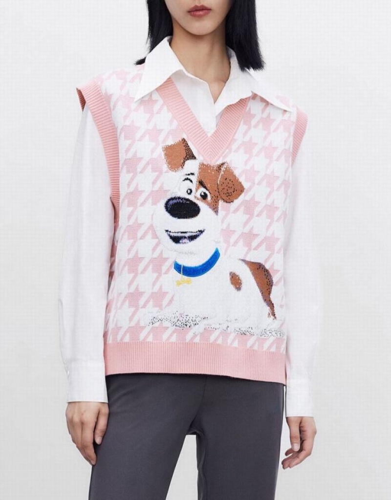Pink Urban Revivo The Secret Life Of Pets Houndstooth Women's Sweater Vest | QILJFT-804