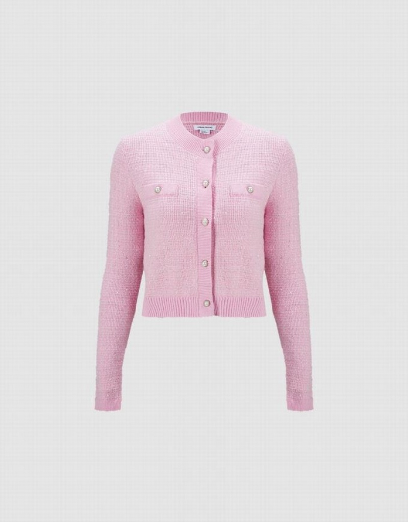 Pink Urban Revivo Tweed Button Up Women\'s Cardigan | TJWVCK-853