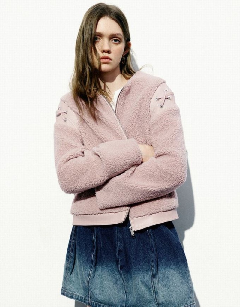 Pink Urban Revivo Zipper Front Furry A-Line Women\'s Jacket | BJHUCK-138