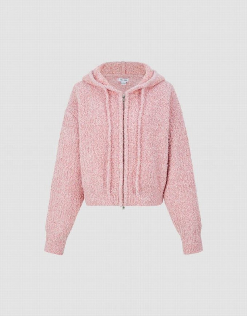 Pink Urban Revivo Zipper Front Hooded Knitted Women's Cardigan | TISOWM-106