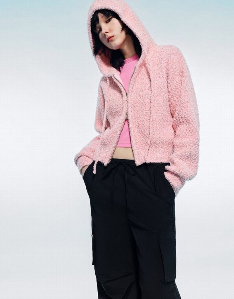Pink Urban Revivo Zipper Front Hooded Knitted Women's Cardigan | TISOWM-106