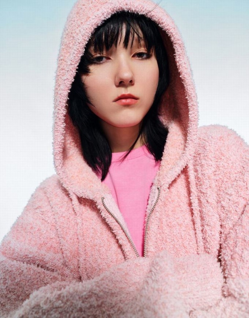 Pink Urban Revivo Zipper Front Hooded Knitted Women's Cardigan | TISOWM-106