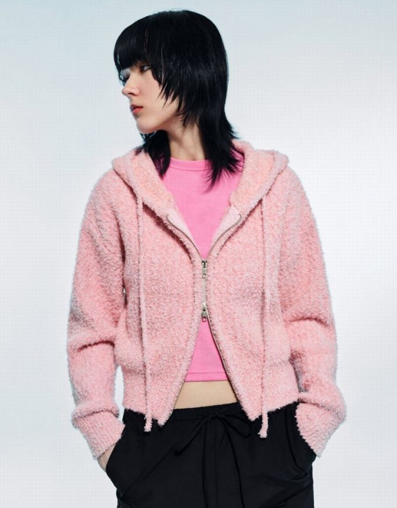 Pink Urban Revivo Zipper Front Hooded Knitted Women\'s Cardigan | TISOWM-106