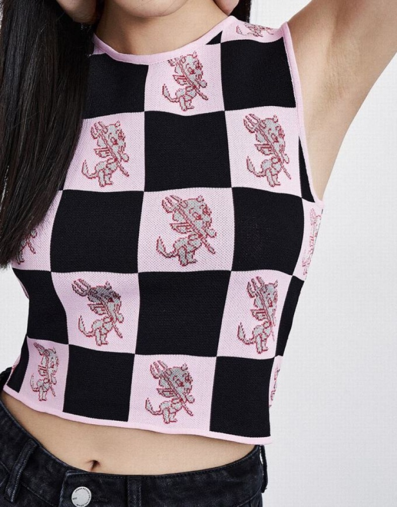Pink / Black Urban Revivo Hot Stuff Checkered Knitted Women's Tank Top | ESOTIN-413