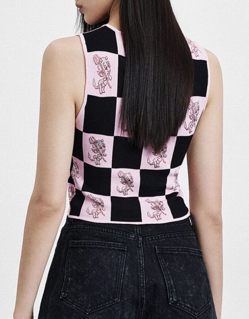 Pink / Black Urban Revivo Hot Stuff Checkered Knitted Women's Tank Top | ESOTIN-413