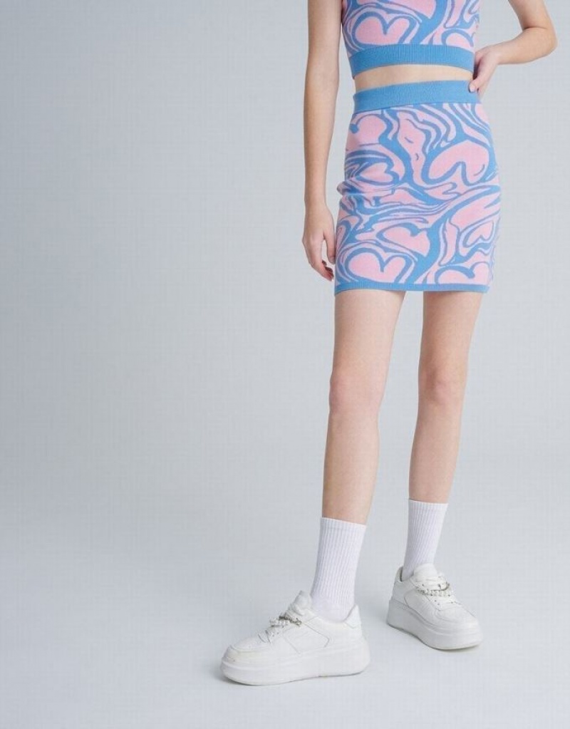 Pink / Blue Urban Revivo Heart Jacquard Knitted Women's Skirts | EJCKFR-294