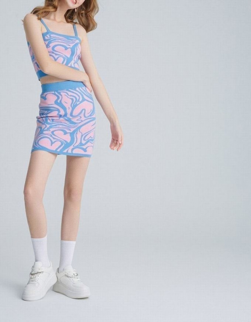 Pink / Blue Urban Revivo Heart Jacquard Knitted Women's Skirts | EJCKFR-294