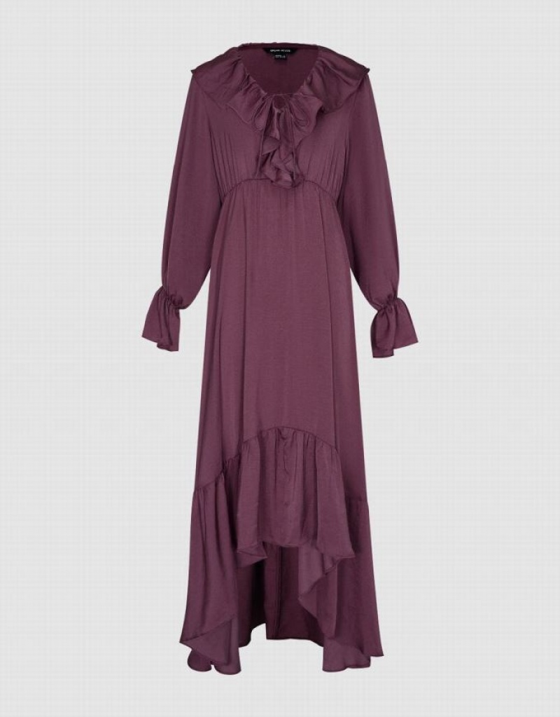 Purple Urban Revivo Butterfly Sleeve Ruffle Lapel A-Line Women's Dress | RAIHPS-475