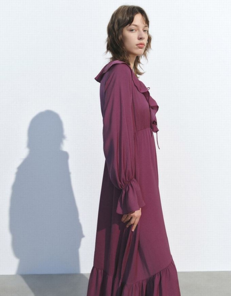 Purple Urban Revivo Butterfly Sleeve Ruffle Lapel A-Line Women's Dress | RAIHPS-475