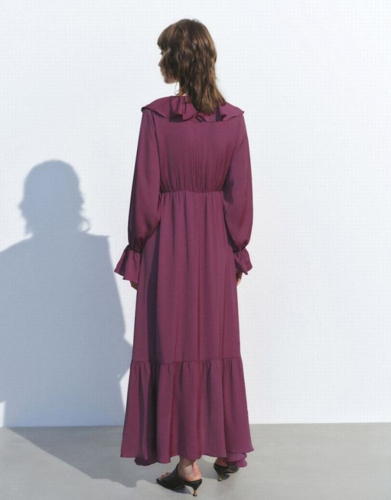 Purple Urban Revivo Butterfly Sleeve Ruffle Lapel A-Line Women's Dress | RAIHPS-475