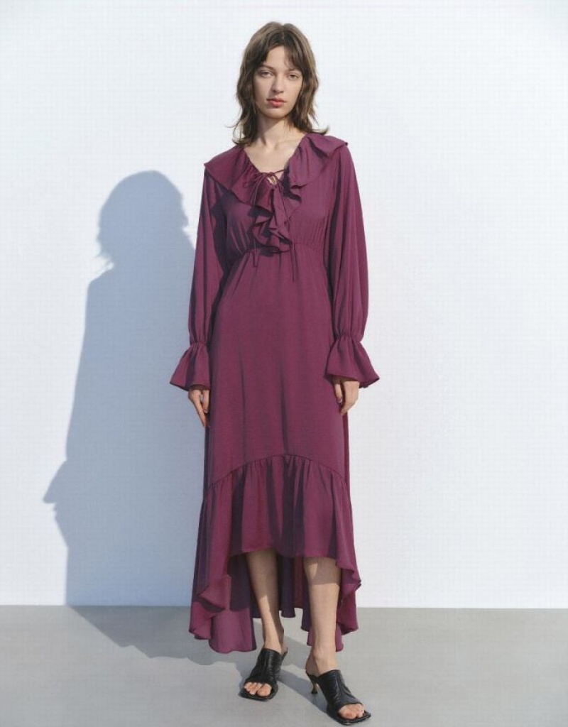 Purple Urban Revivo Butterfly Sleeve Ruffle Lapel A-Line Women\'s Dress | RAIHPS-475