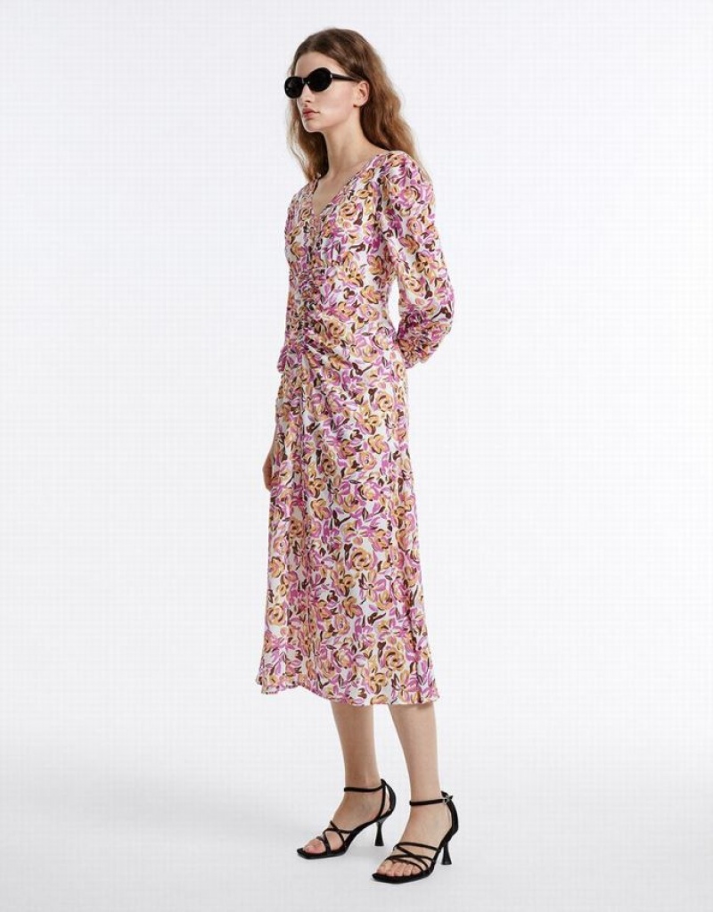 Purple Urban Revivo Floral Chiffon Women's Casual Dress | QEFHJB-802