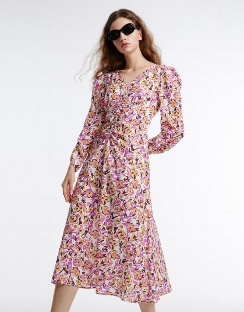 Purple Urban Revivo Floral Chiffon Women\'s Casual Dress | QEFHJB-802