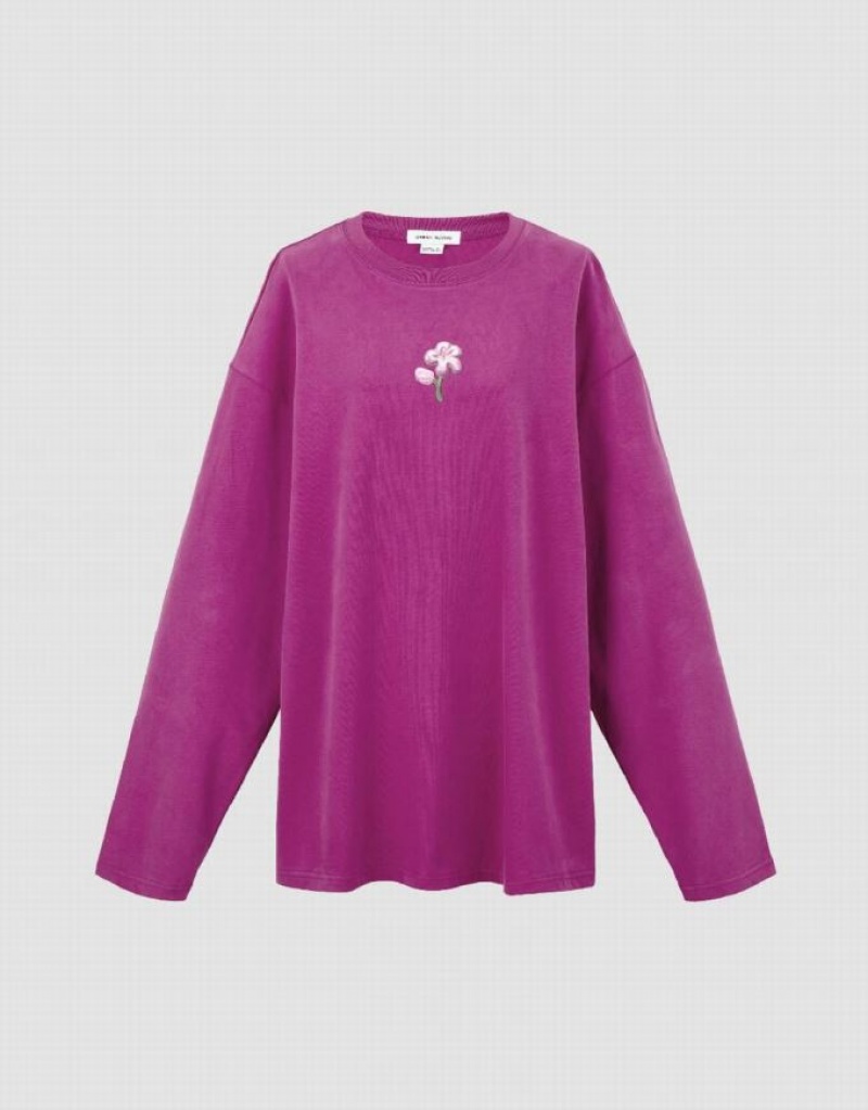Purple Urban Revivo Flower Embossed Crew Neck Loose Women's T-Shirts | VPRCAJ-506