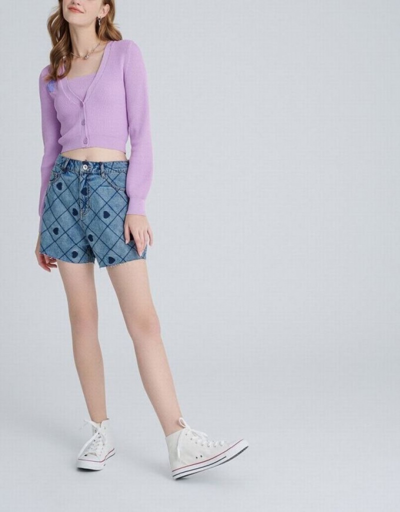 Purple Urban Revivo Heart Embroidery Ribbed Knit Women's Cardigan | CGXYNR-206