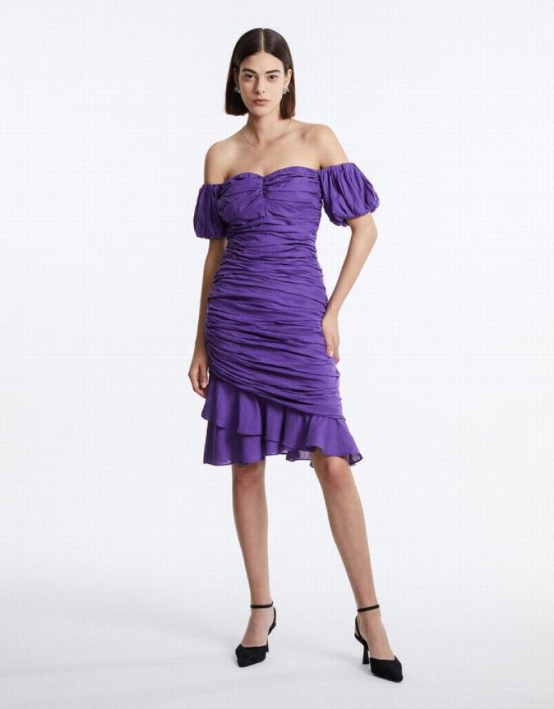 Purple Urban Revivo Off Shoulder Ruched Ruffle Hem Women's Casual Dress | ERUZSK-327