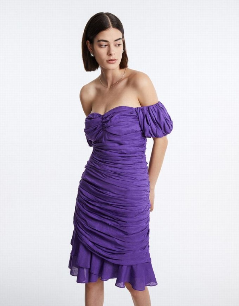 Purple Urban Revivo Off Shoulder Ruched Ruffle Hem Women\'s Casual Dress | ERUZSK-327