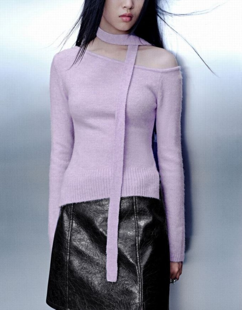 Purple Urban Revivo One Shoulder Knitted Women's Cardigan | KMHDFU-814