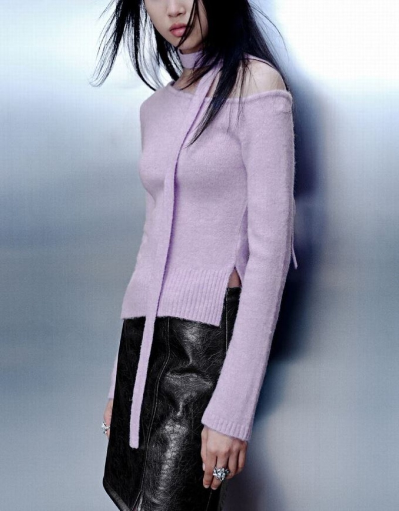 Purple Urban Revivo One Shoulder Knitted Women's Cardigan | KMHDFU-814