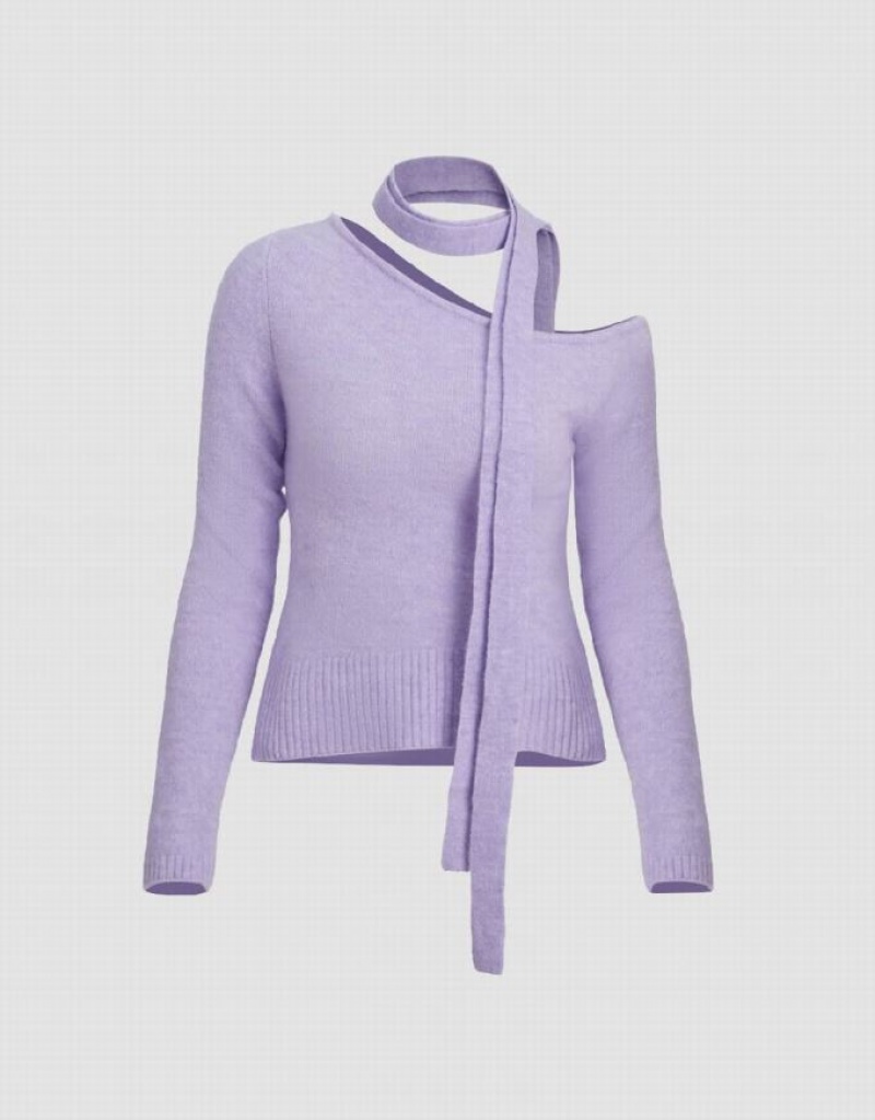 Purple Urban Revivo One Shoulder Knitted Women\'s Cardigan | KMHDFU-814