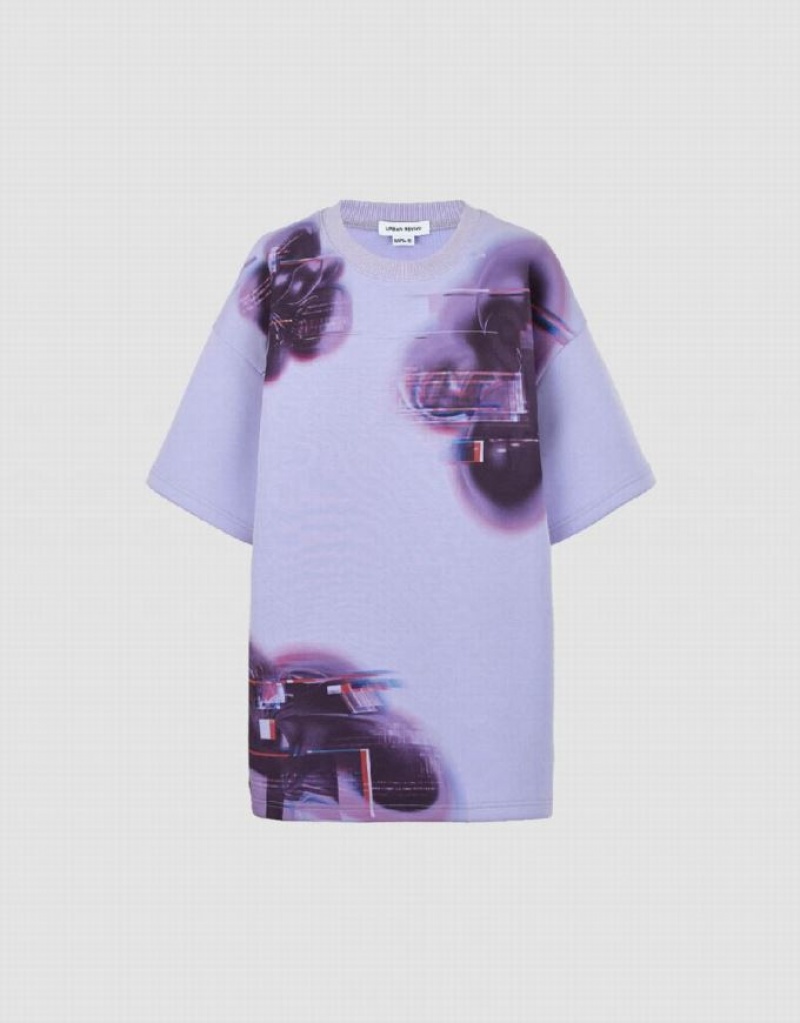 Purple Urban Revivo Printed Crew Neck Loose Women's T-Shirts | RGDLIK-659