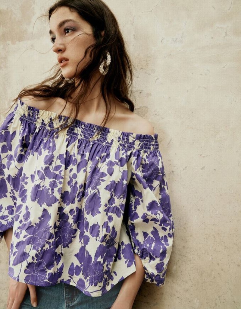 Purple Urban Revivo Printed Off-Shoulder Overhead Women's Blouse | BDYNQT-395