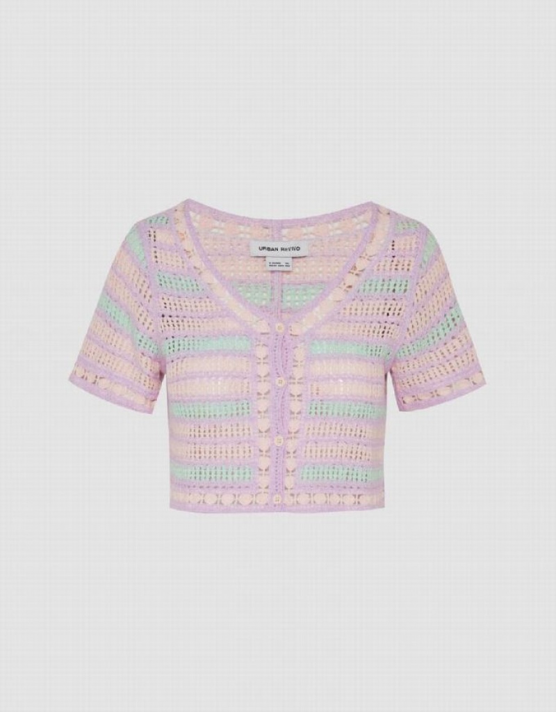 Purple Urban Revivo Striped V-Neck Knitted Women's Cardigan | INZPAT-217